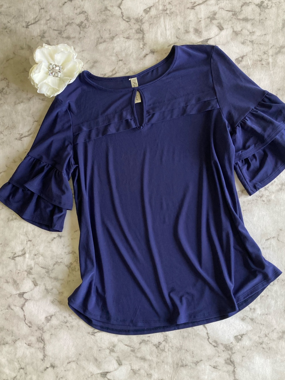 Navy Ruffle Sleeve Women's short sleeve Top